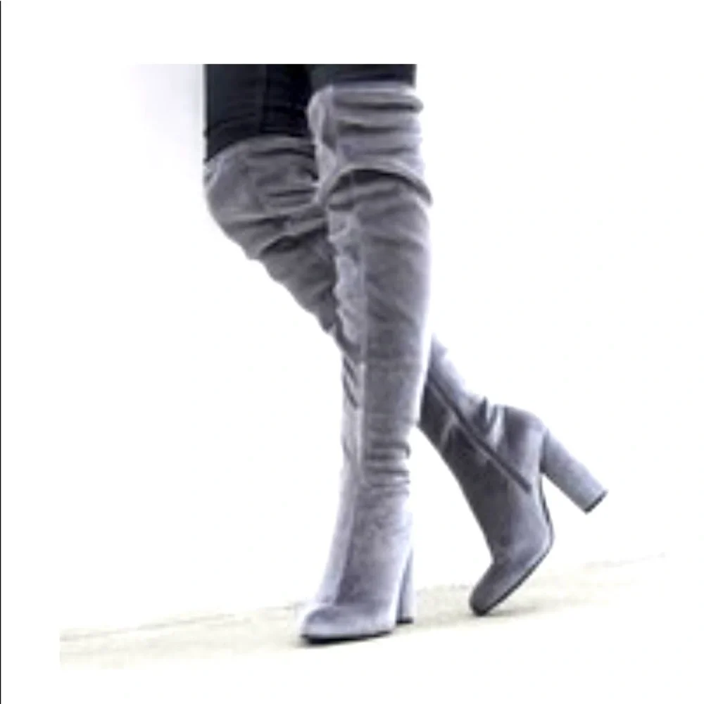 Over-the-Knee Suede Block Heel Boots in Gray